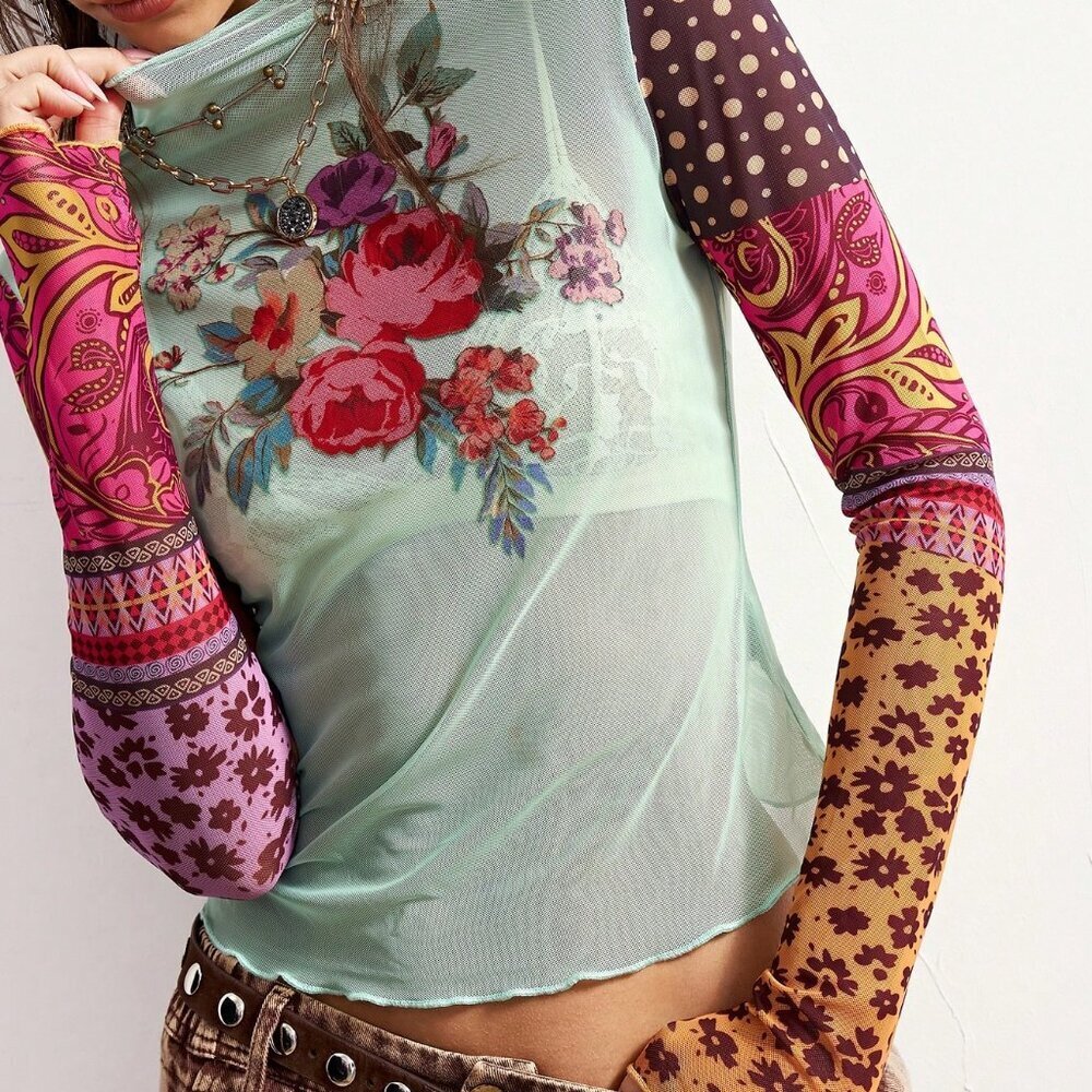 Mint Green Casual Women's Floral Print Color Block Stand Collar Long Sleeve Top